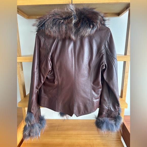 Overland Lambskin Brown Leather Jacket with Fox Fur Trim - size M - Picture 4 of 10